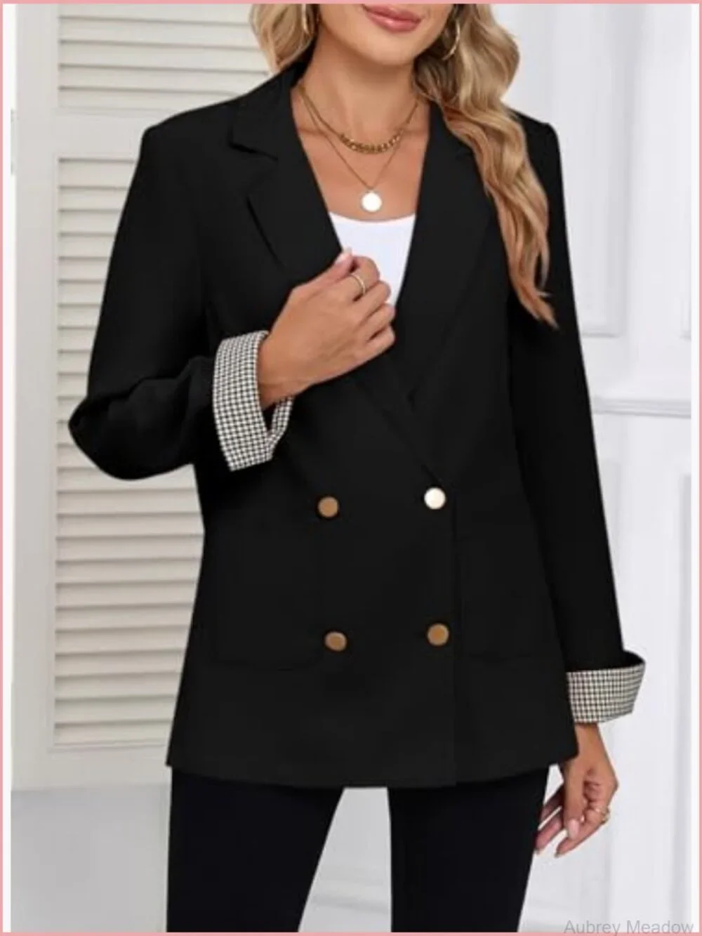 Womens Plaid Blazer Double Breasted Open Front Business Casual Office Suit
